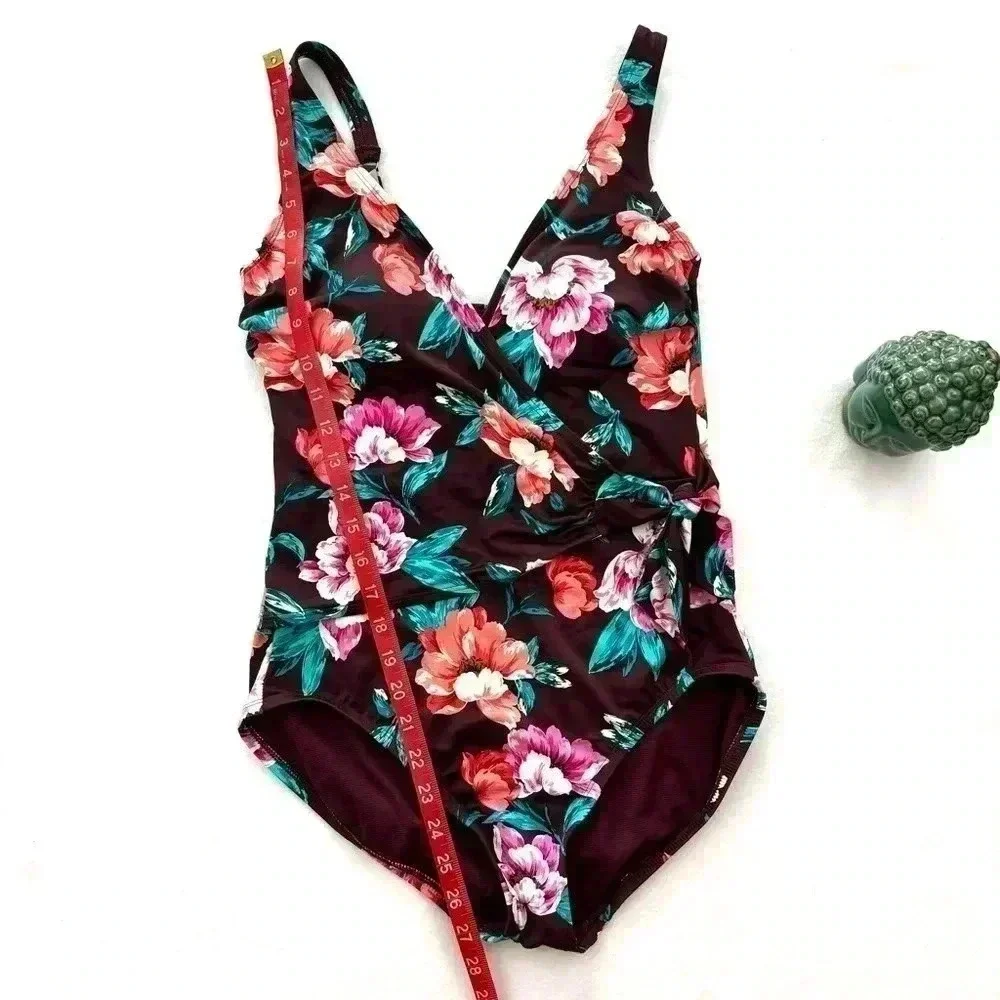 Embrace Your Curves Maroon Floral V-Neck Plunge Spaghetti Strap One Piece Size M